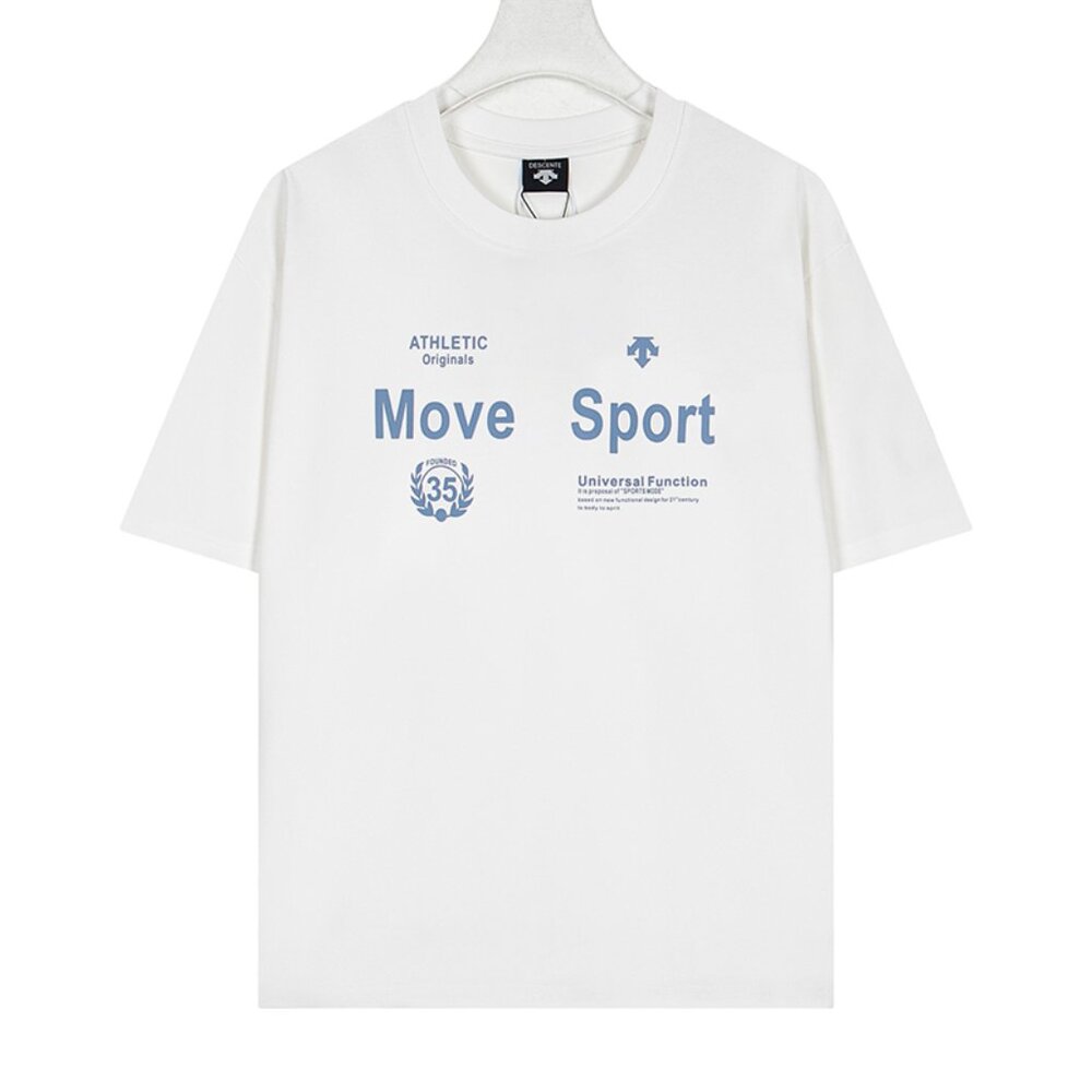 White Short-Sleeved T-Shirt With Blue Letter Print Descente